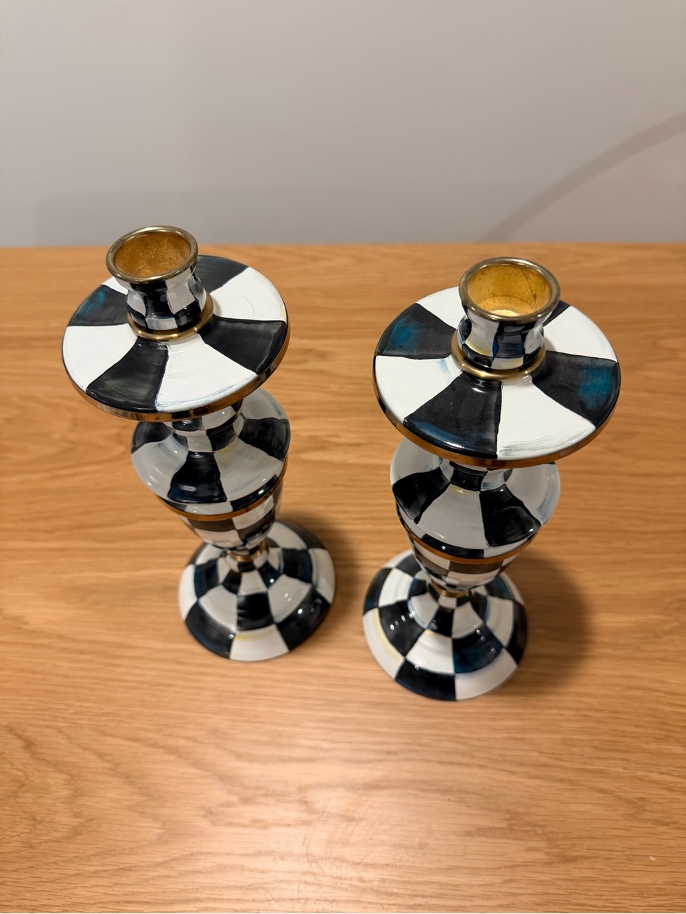 MacKenzie-Childs Black, White & Gold Checkered Ceramic Candle Holders - Pair